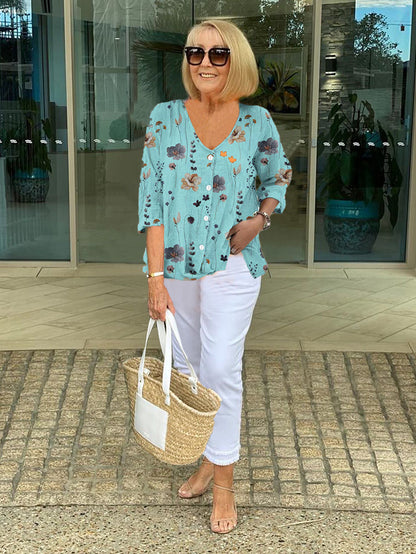 Clotilde | Floral V-Neck Three-Quarter Sleeve Blouse