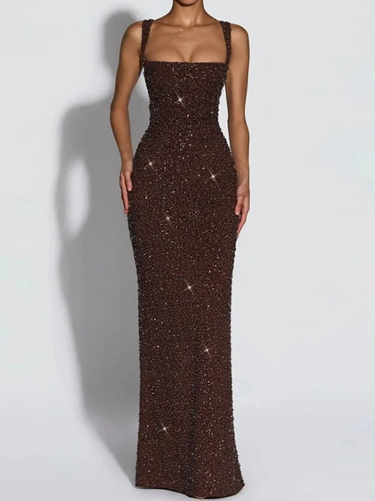 Chantal sequin square neck evening gown, front view