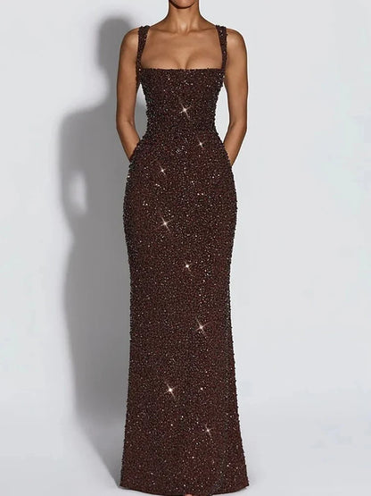 Sequin square neck evening gown, side view