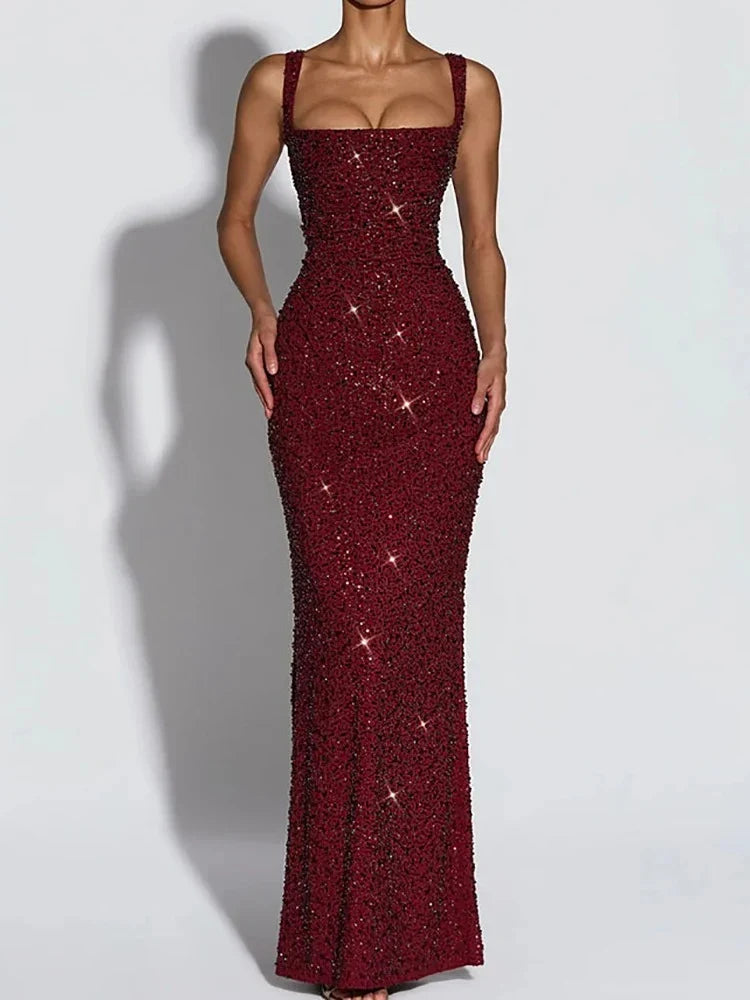 Sequin square neck evening gown, color variant