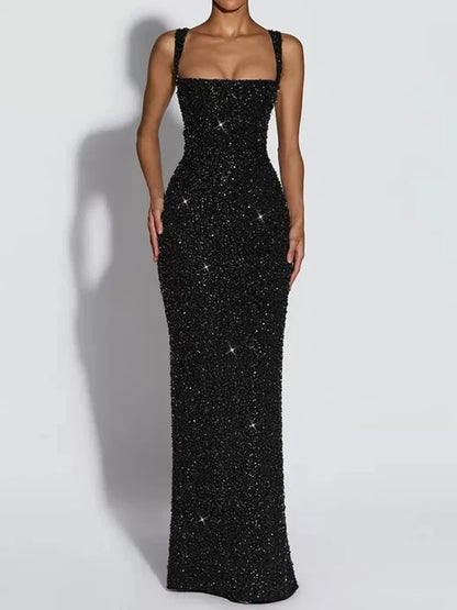 Sequin square neck evening gown, close-up of the neckline