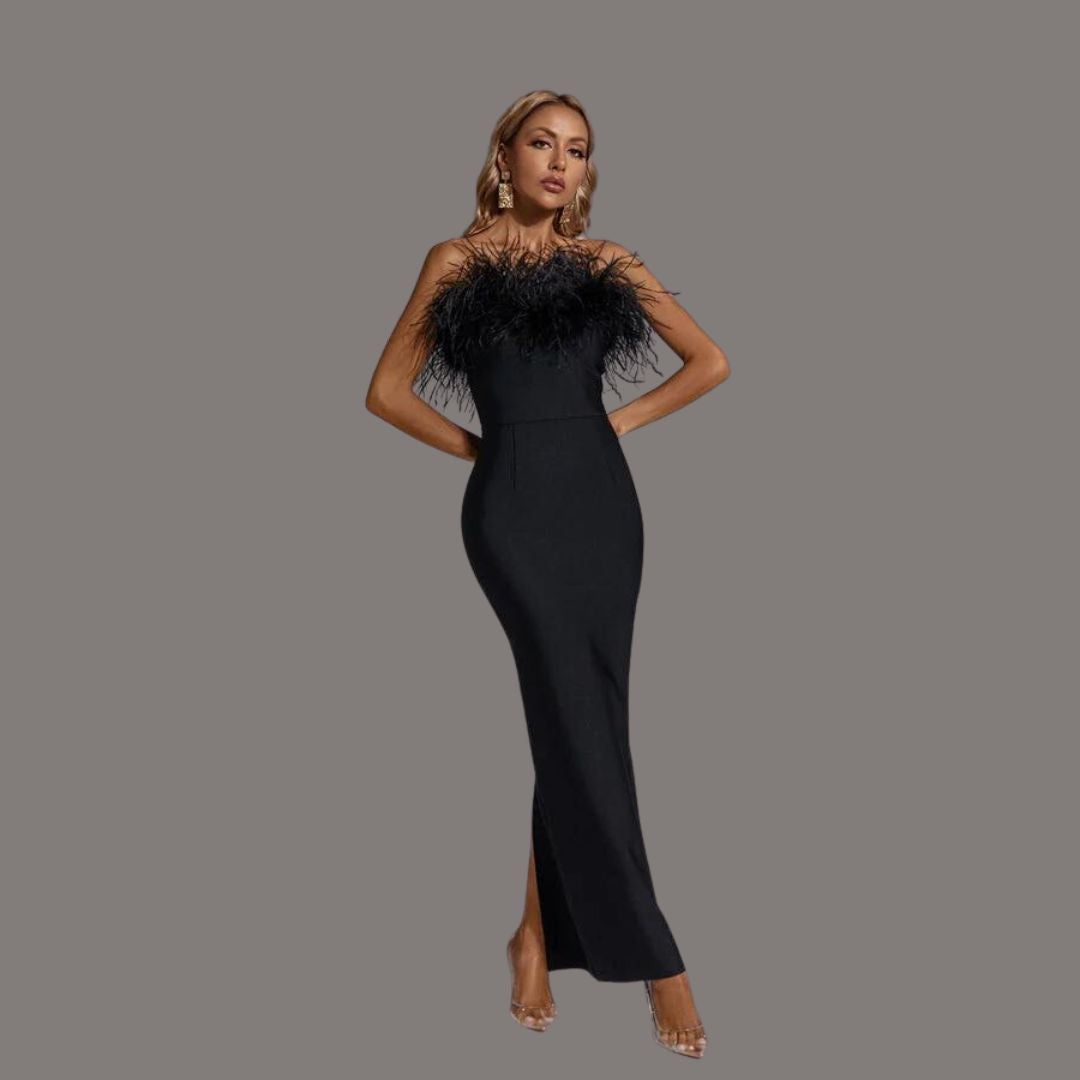 Strapless feather trim maxi dress, detail view