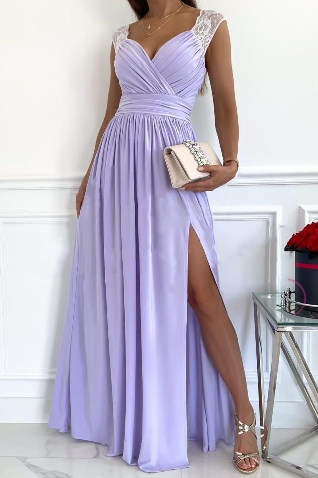 Draped V-neck maxi dress, close-up of the neckline