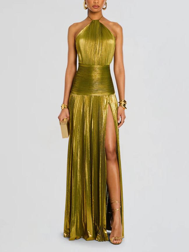Astra | Metallic Plissé Halter Gown