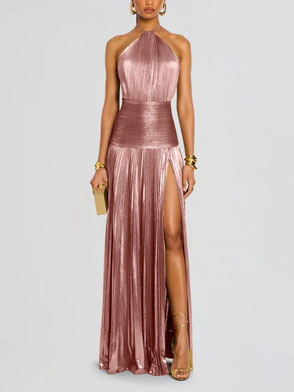 Astra | Metallic Plissé Halter Gown