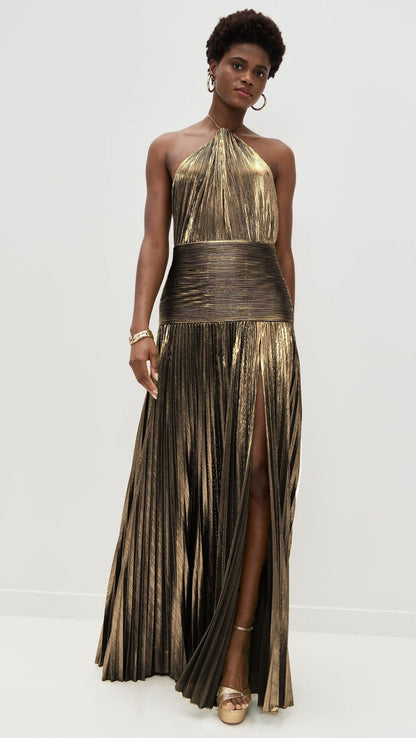 Astra | Metallic Plissé Halter Gown