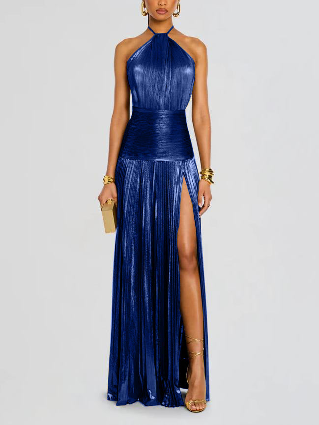 Astra | Metallic Plissé Halter Gown