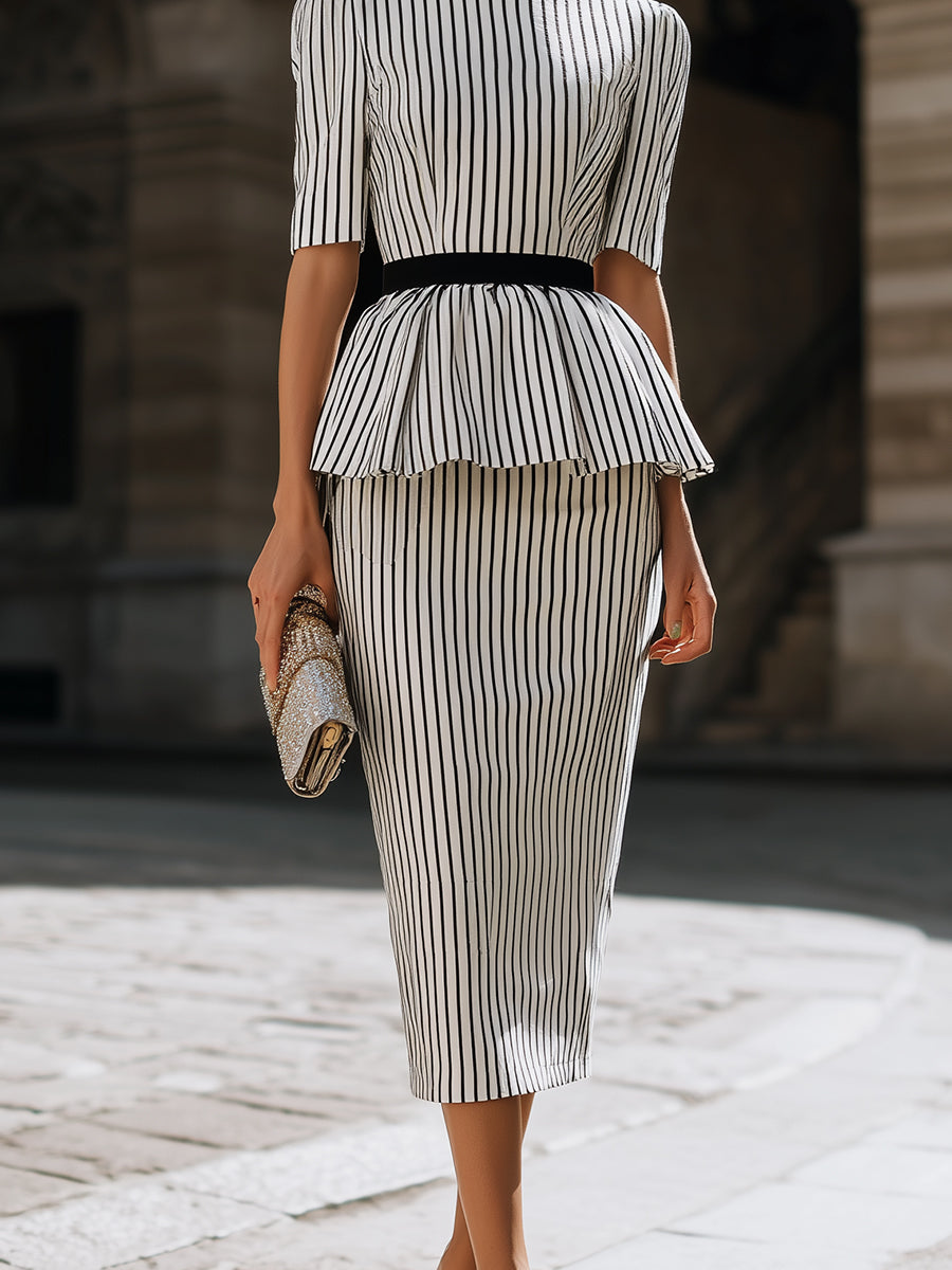 Aurelia | Striped Peplum Top & Pencil Skirt Set