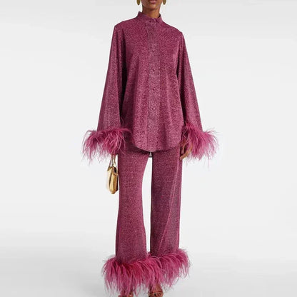 Cosette | Shimmer Feather-Trim Two-Piece Set