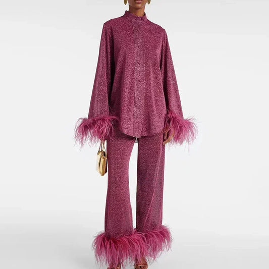 Cosette | Shimmer Feather-Trim Two-Piece Set