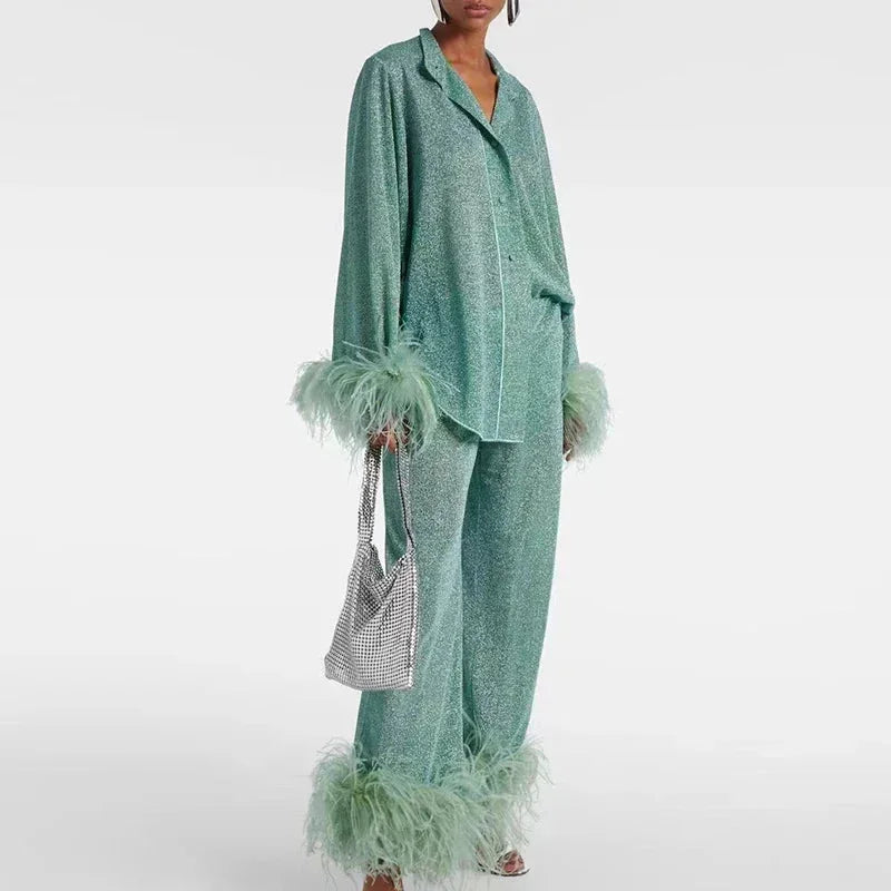 Cosette | Shimmer Feather-Trim Two-Piece Set