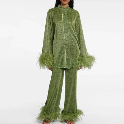 Cosette | Shimmer Feather-Trim Two-Piece Set