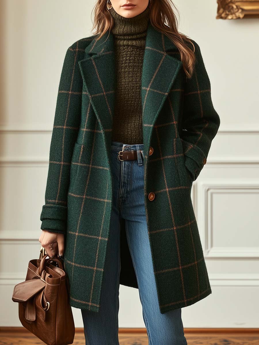 Women's Ester retro plaid coat in Dark Green
