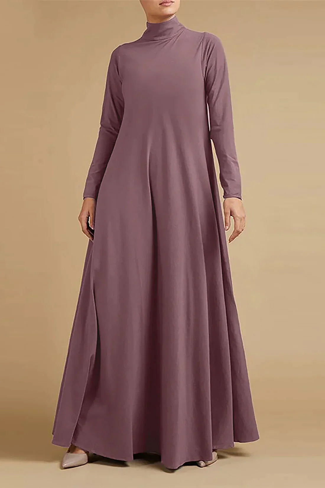 High neck long sleeve maxi dress, side view
