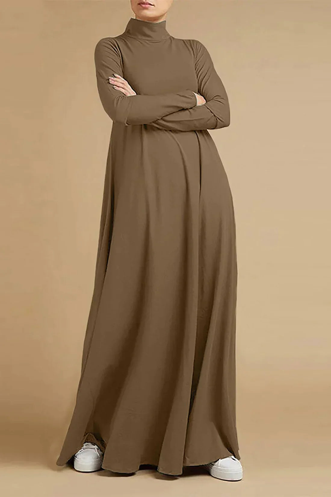 High neck long sleeve maxi dress, back view
