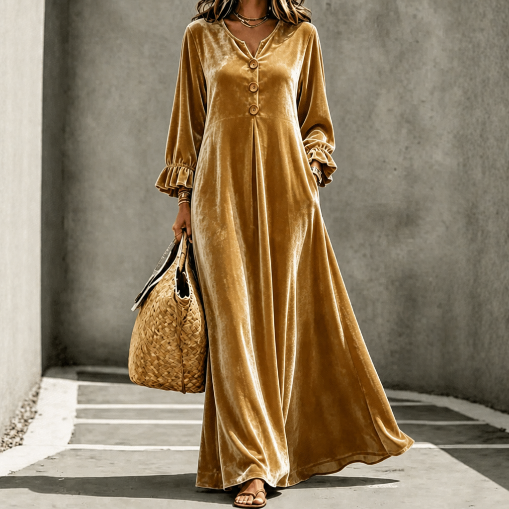 Long sleeve empire waist maxi dress in gold