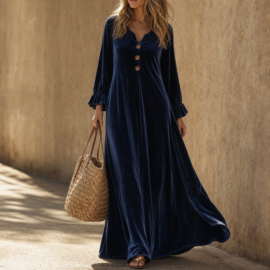 Long sleeve empire waist maxi dress, fit on the model