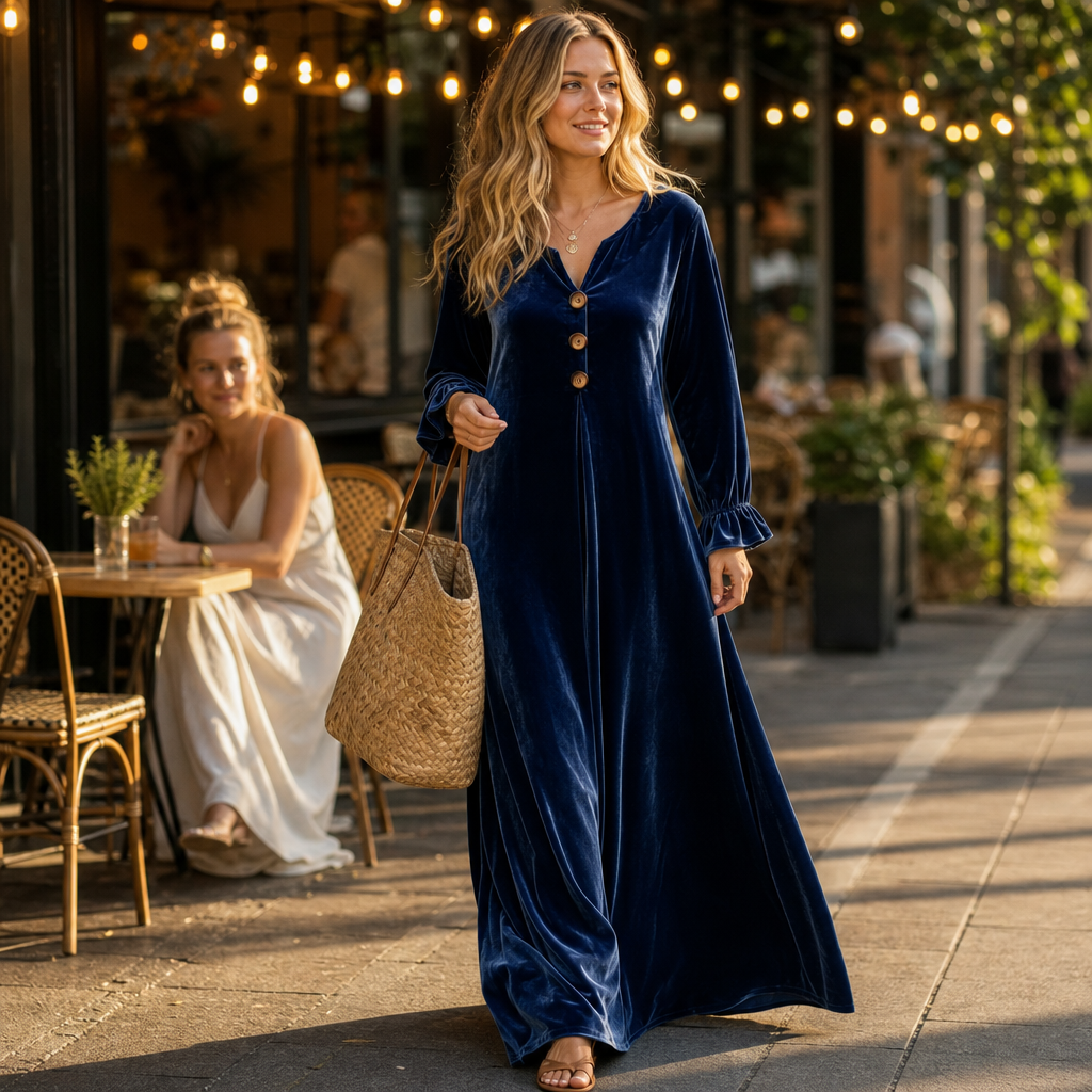 Long sleeve empire waist maxi dress, side angle view