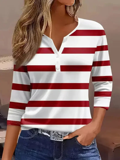 Everline | Striped V-Neck Three-Quarter Sleeve Top
