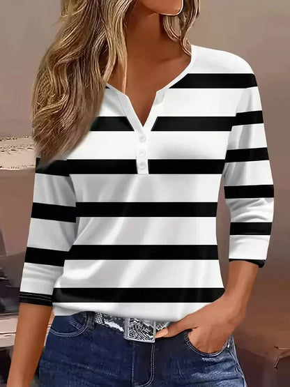 Everline | Striped V-Neck Three-Quarter Sleeve Top
