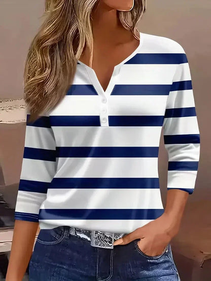 Everline | Striped V-Neck Three-Quarter Sleeve Top