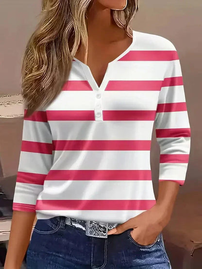 Everline | Striped V-Neck Three-Quarter Sleeve Top