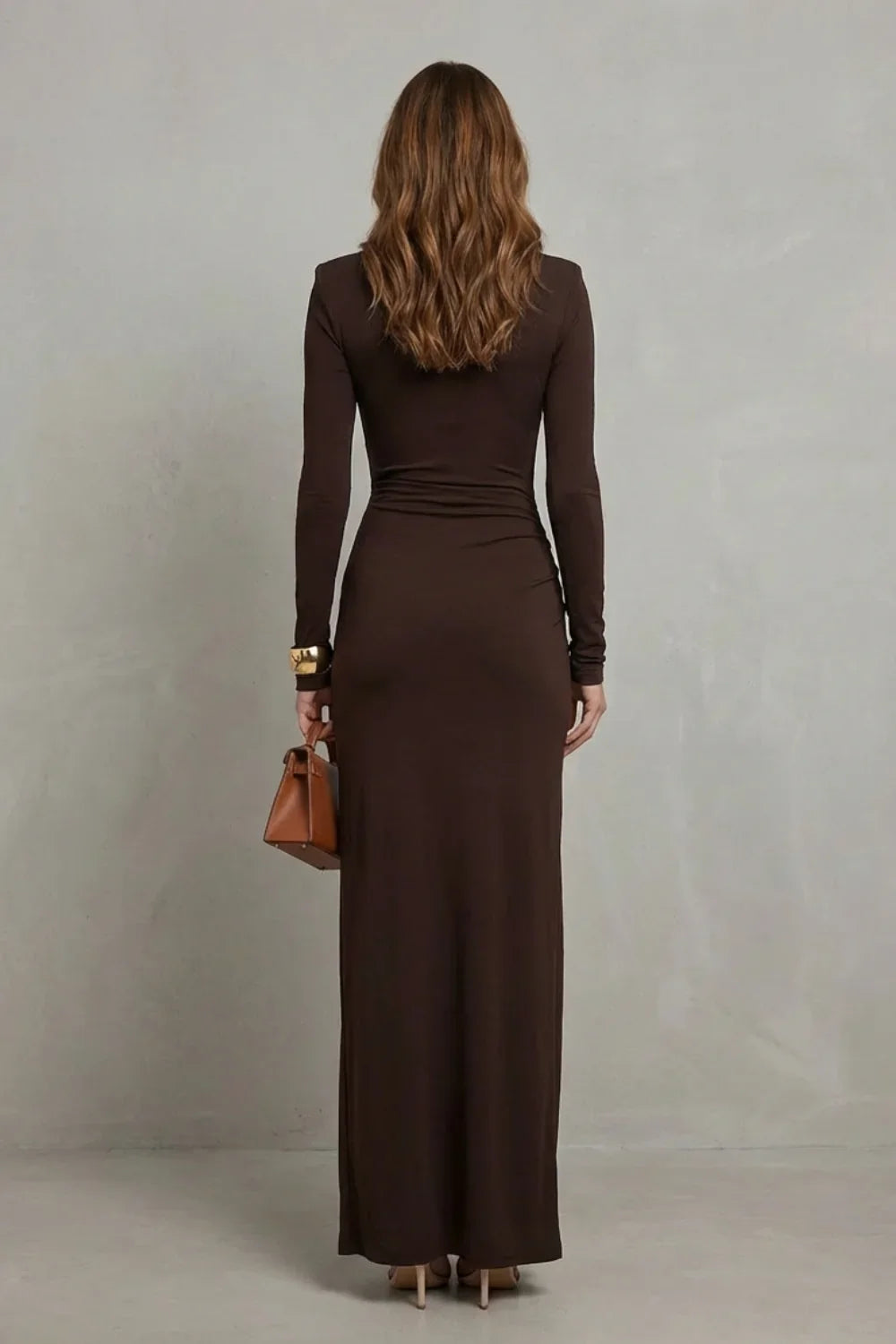 Long sleeve ruched maxi dress, detail view