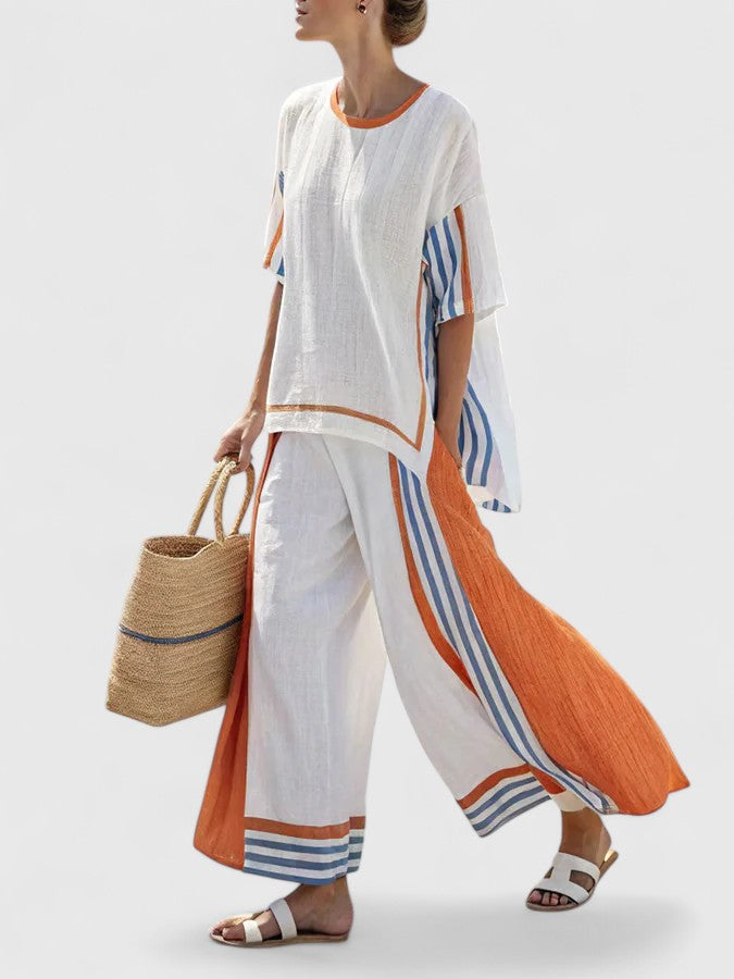 Marbella | Linen Top & Striped Wide Leg Pants Set
