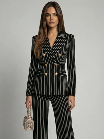 Pinstripe double-breasted pantsuit, side view