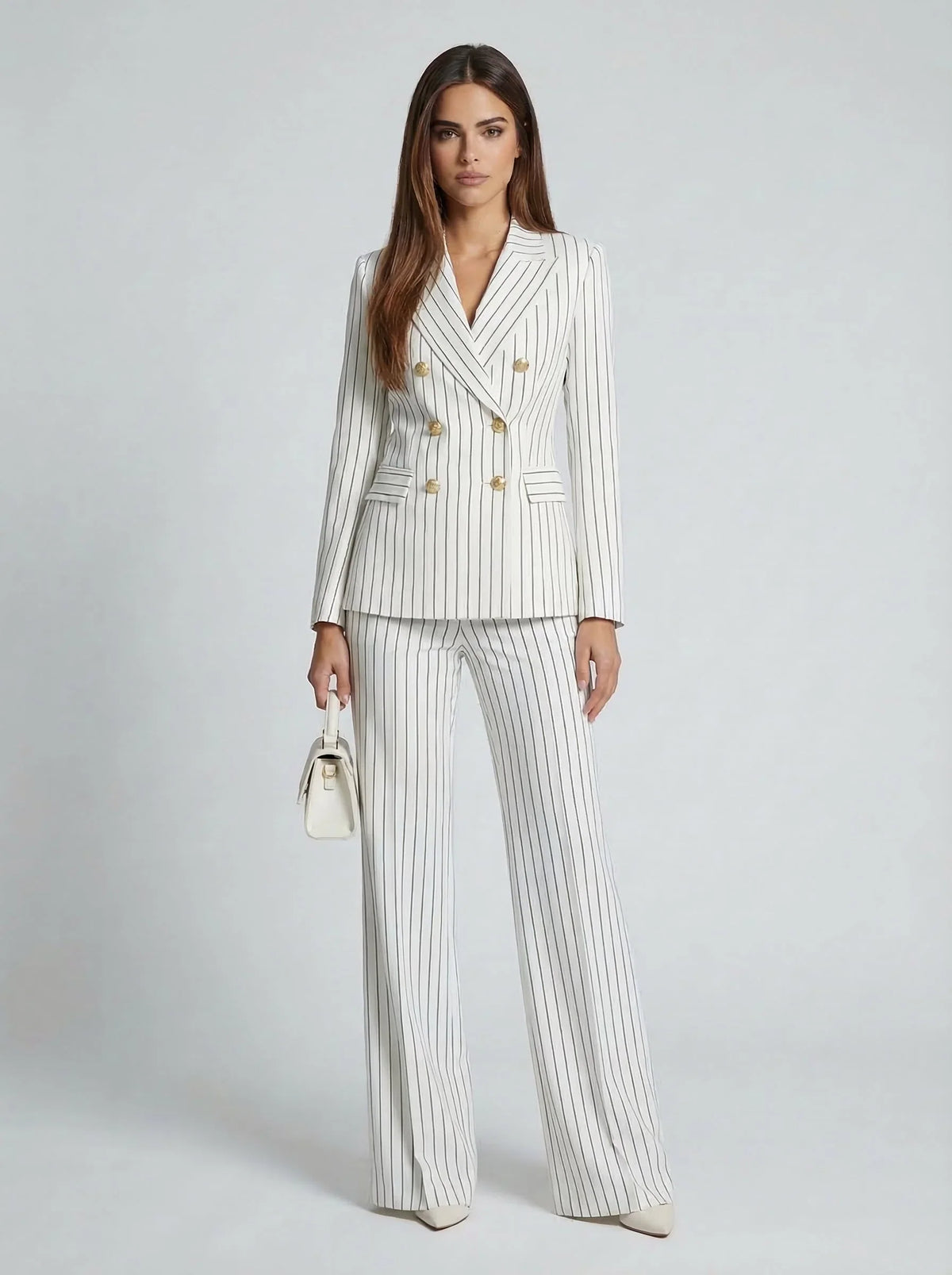 Pinstripe double-breasted pantsuit, detail view