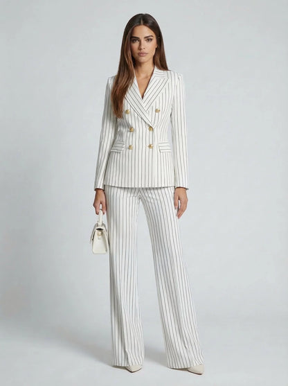 Pinstripe double-breasted pantsuit, detail view