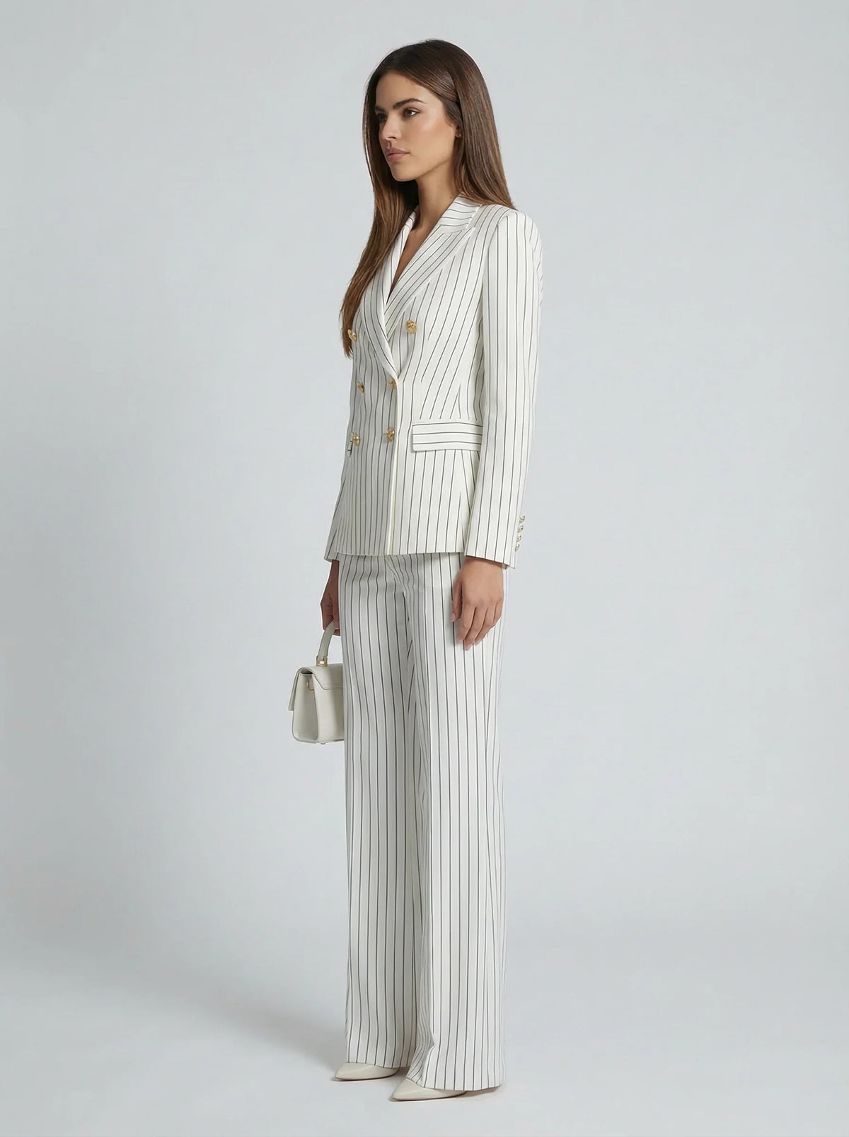 Pinstripe double-breasted pantsuit, full length view