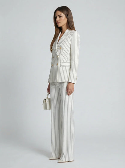 Pinstripe double-breasted pantsuit, full length view