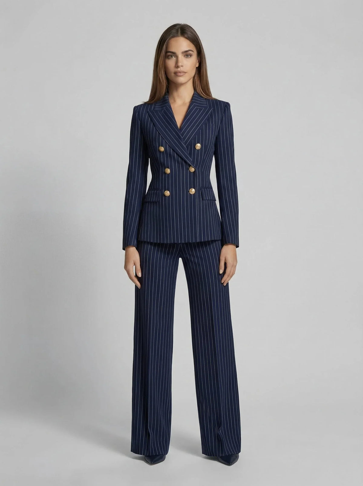 Pinstripe double-breasted pantsuit, color variant
