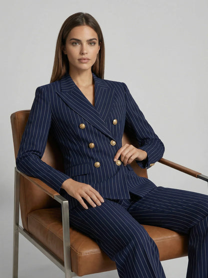 Pinstripe double-breasted pantsuit, angled front view