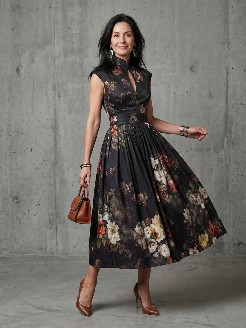 Greta | Black Floral Pleated Midi Cocktail Dress