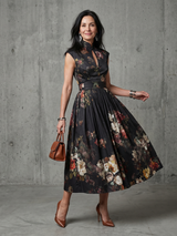 Greta | Black Floral Pleated Midi Cocktail Dress