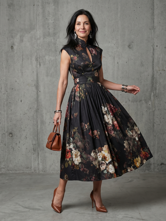 Greta | Black Floral Pleated Midi Cocktail Dress