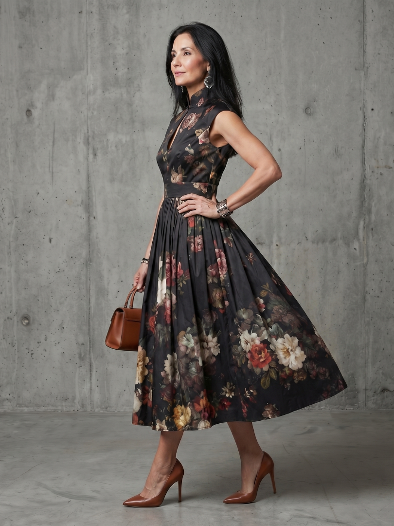 Greta | Black Floral Pleated Midi Cocktail Dress