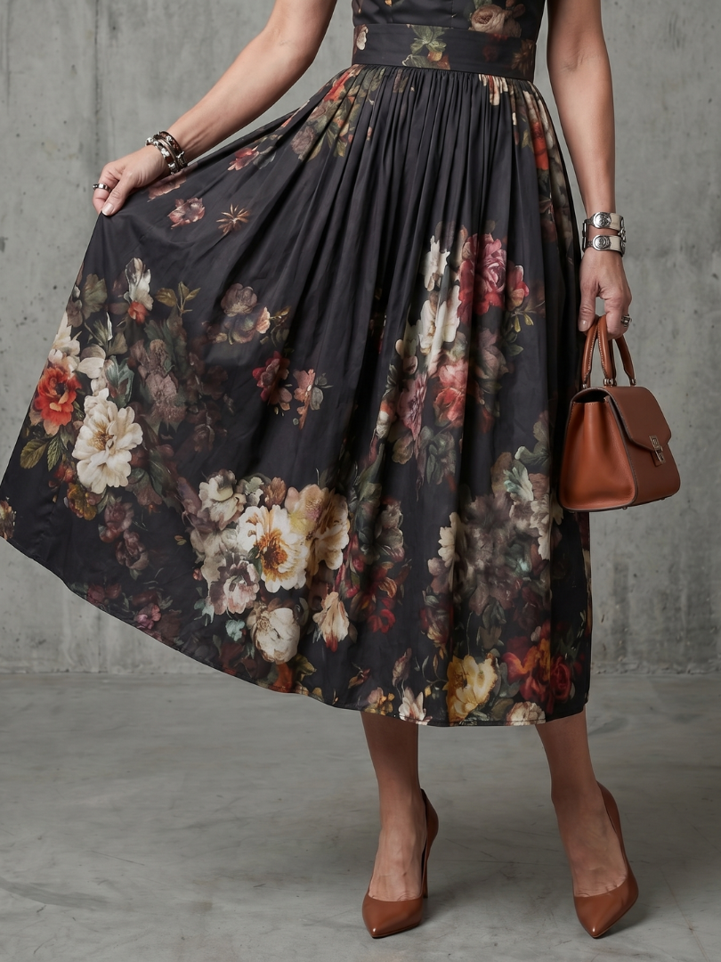 Greta | Black Floral Pleated Midi Cocktail Dress