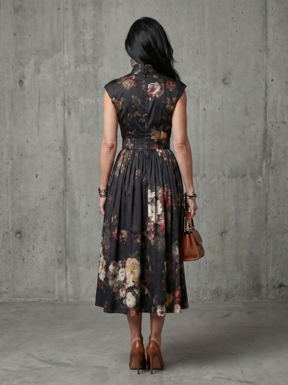 Greta | Black Floral Pleated Midi Cocktail Dress