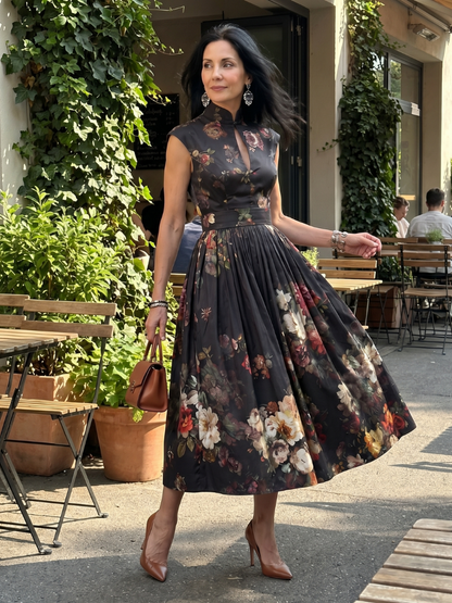 Greta | Black Floral Pleated Midi Cocktail Dress