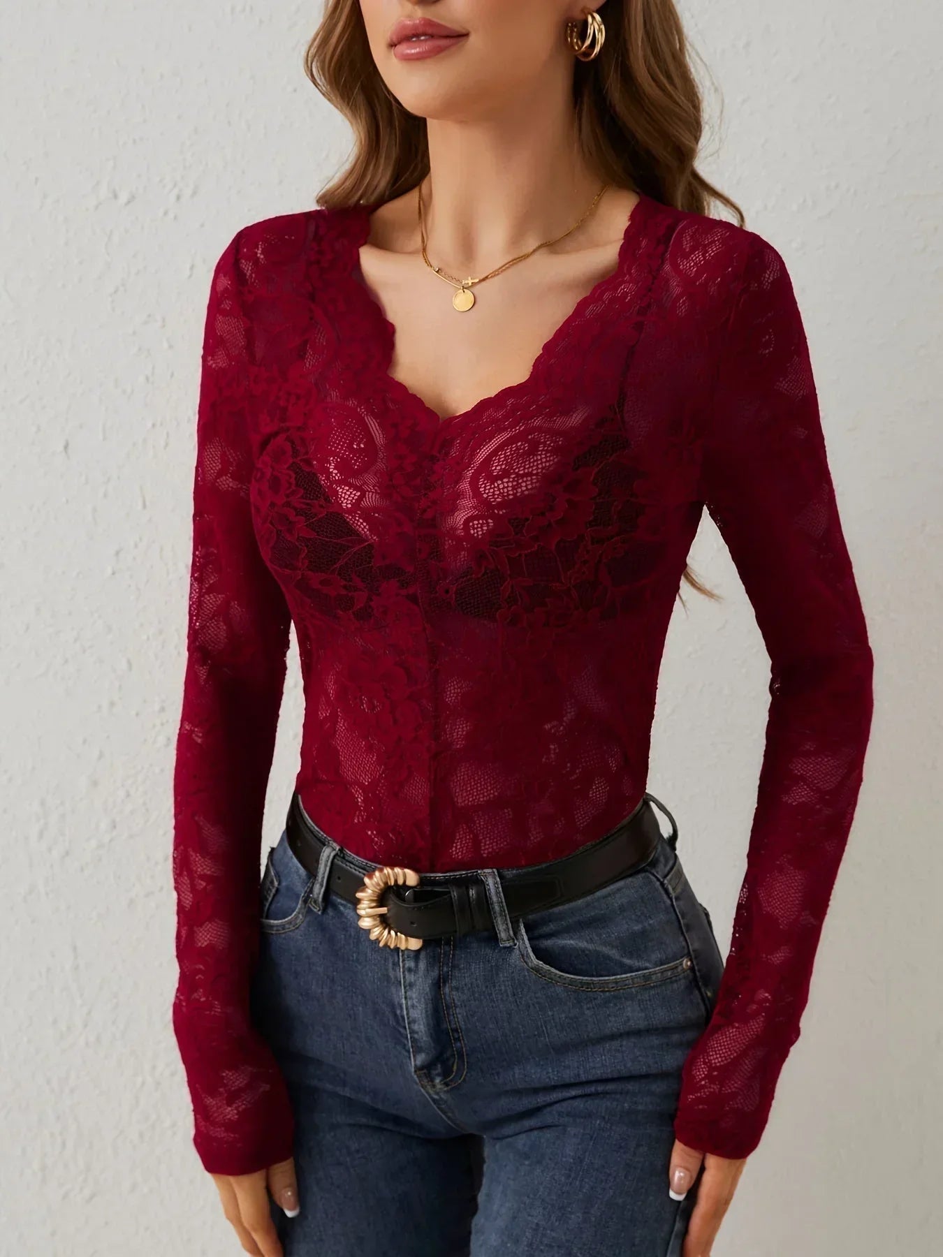 Philippine | Sheer Lace V-Neck Top