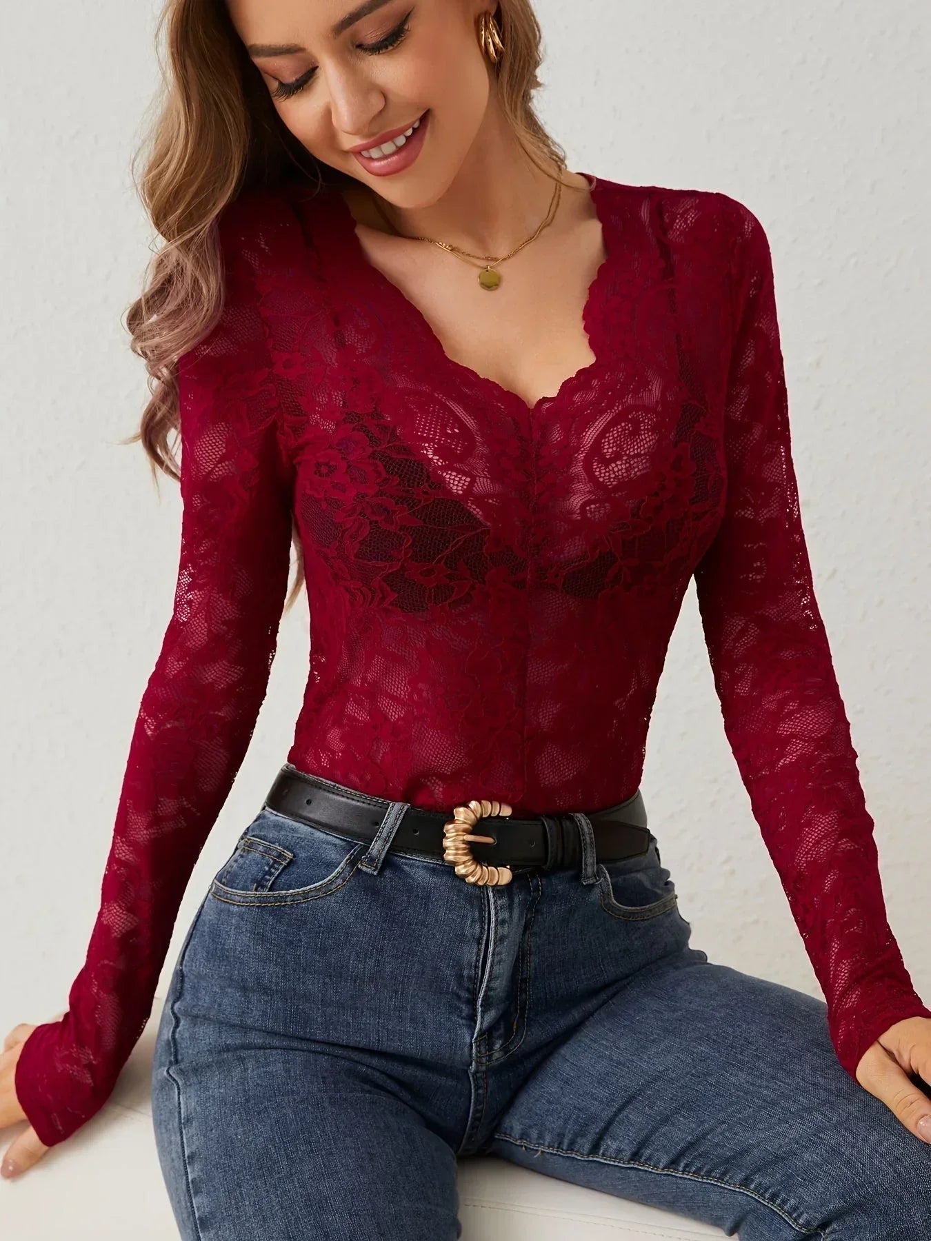 Philippine | Sheer Lace V-Neck Top