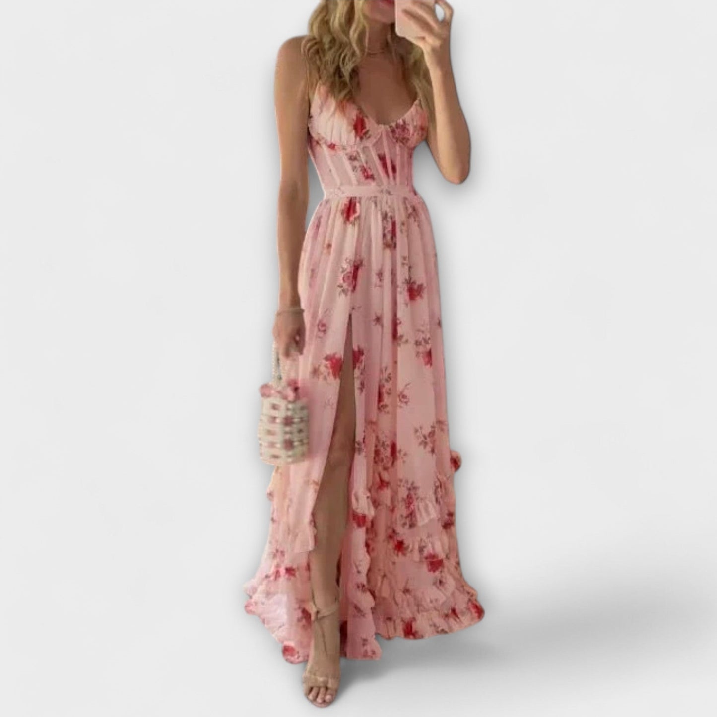 Luna | Sleeveless Floral Adjustable Strap Prom Dress