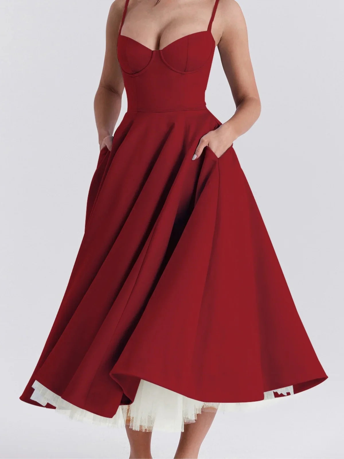 Sweetheart midi cocktail dress, close-up of the neckline