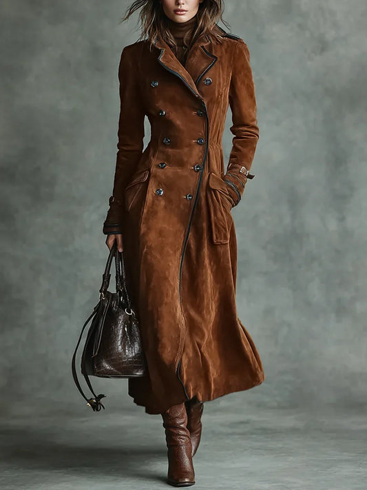 Women's Honora double-breasted notch-lapel longline coat in Dark Brown