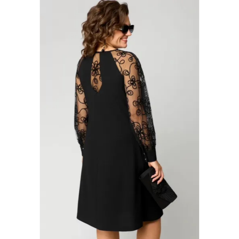 Celiane | Lace Sleeve Mesh Midi Cocktail Dress
