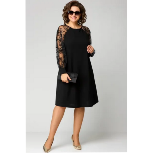 Celiane | Lace Sleeve Mesh Midi Cocktail Dress