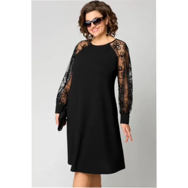Celiane | Lace Sleeve Mesh Midi Cocktail Dress